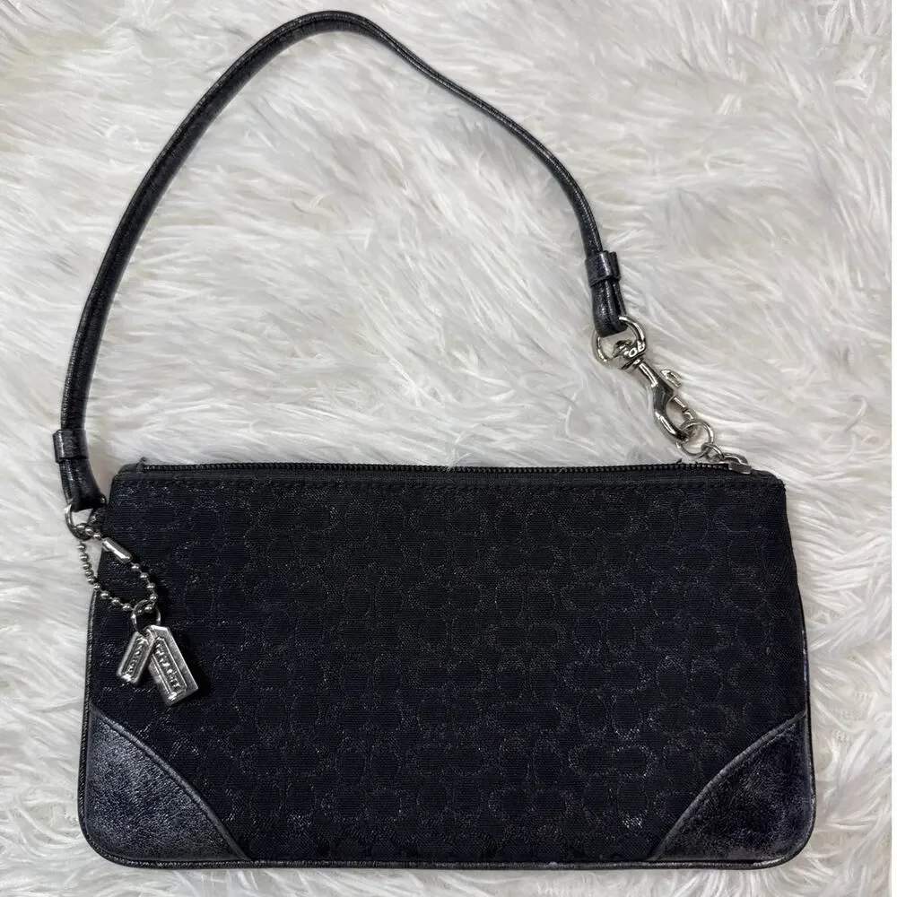 Vintage COACH y2k Black Metallic Silver Signature Canvas Wristlet